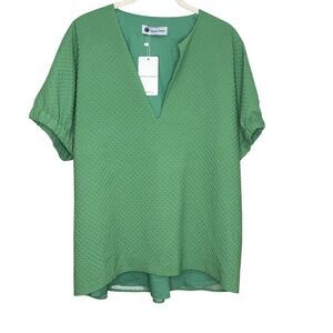 Caryn Lawn Top Betsy One Size Green Textured Short Sleeve V Neck Blouse Tunic